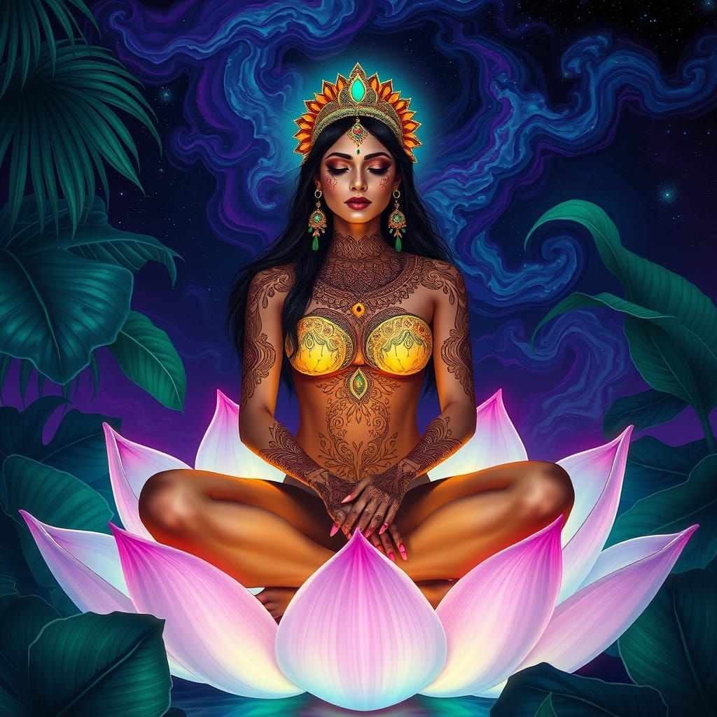 Ethereal Eastern Goddess Amidst Vibrant Lotus Bloom
