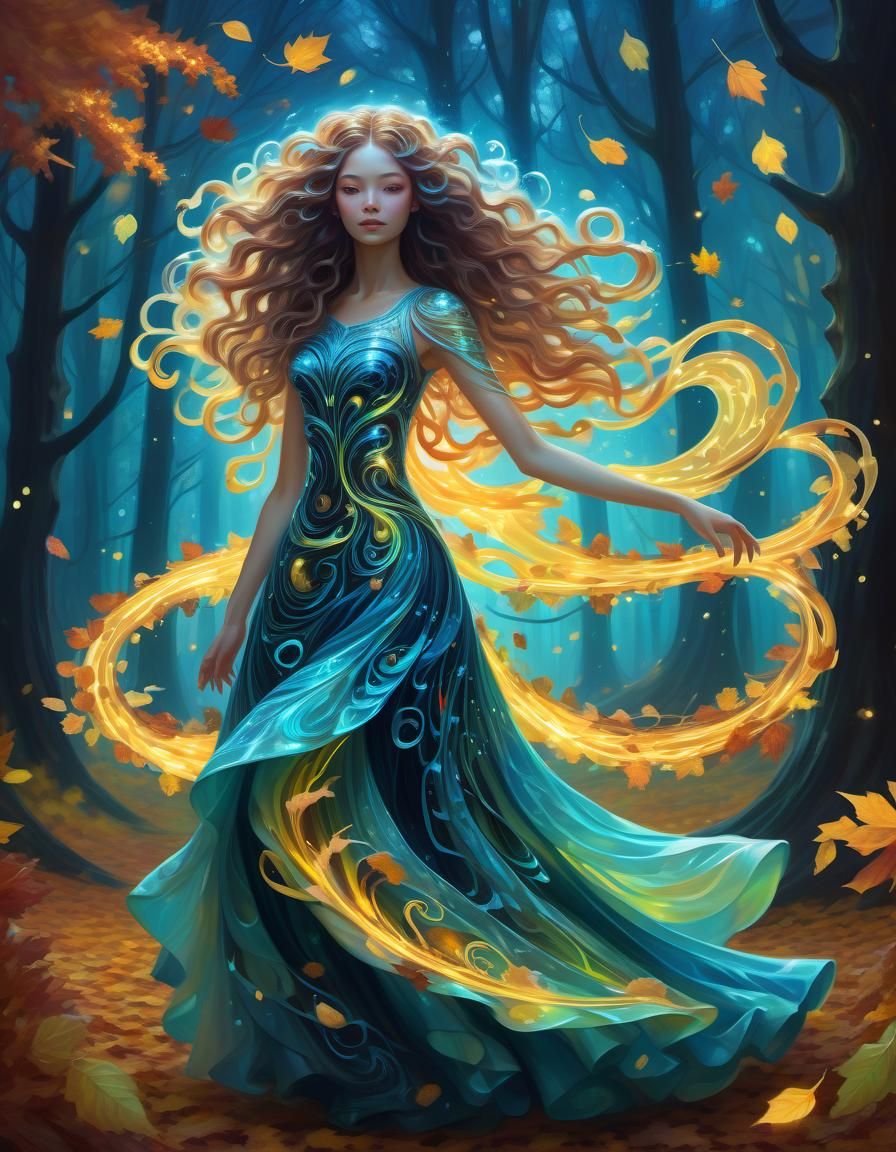 Bioluminescent Fantasy Dancer in Autumn Forest