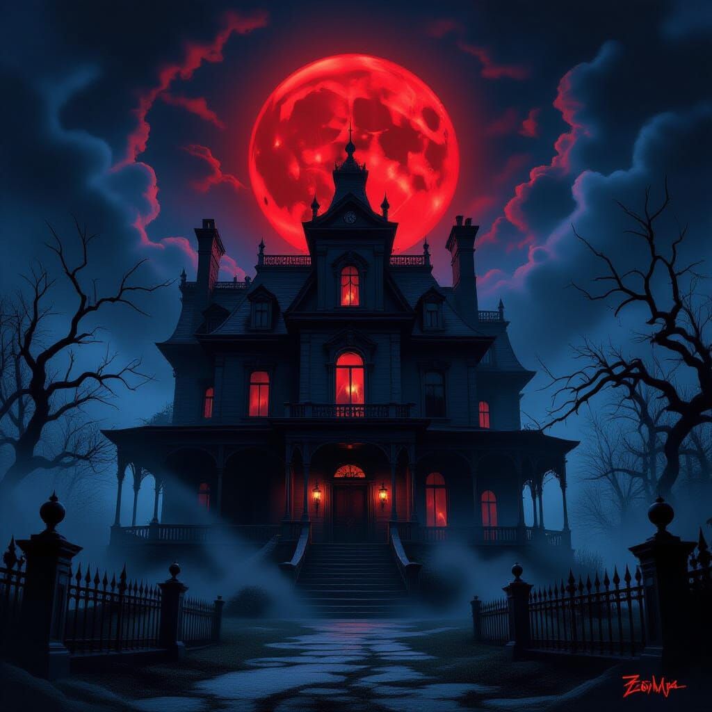 Gothic Haunted Mansion Under Blood Moon