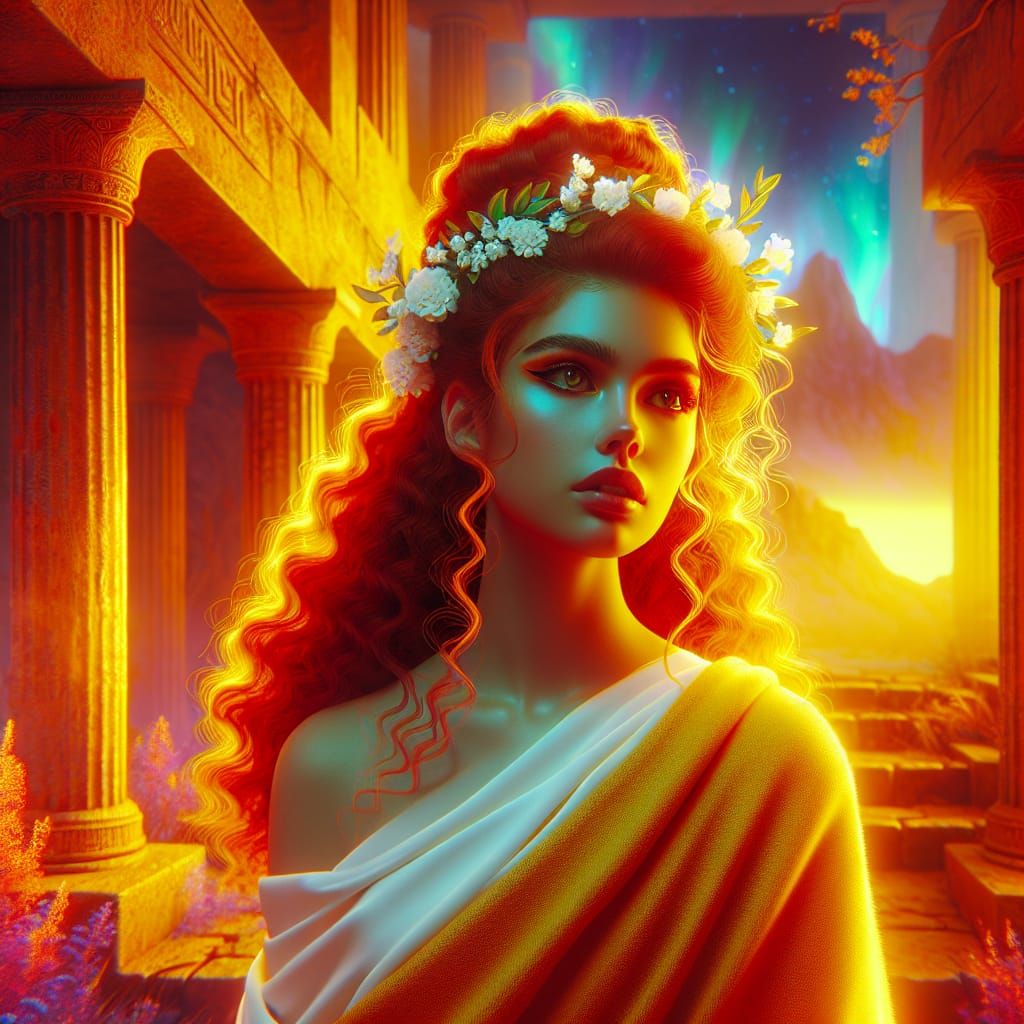 Phaenna, Goddess of Gratitude, in a Sun-Yellow Greek Gown