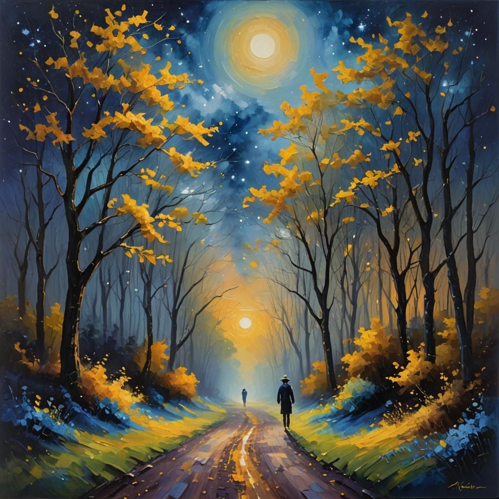 Impressionist Night Sky Painting with Figure