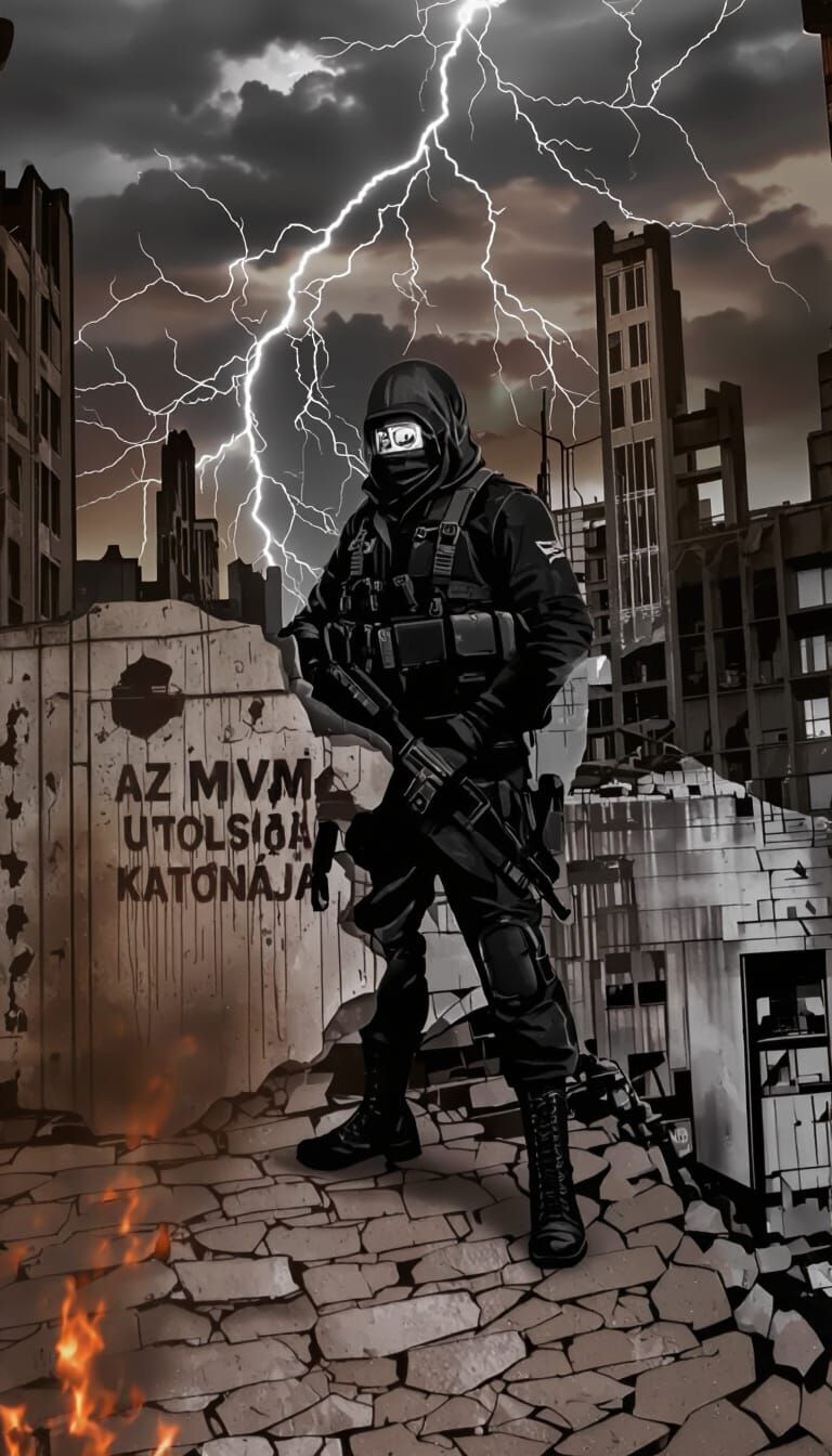 Dark Apocalyptic Cityscape with Lightning, Monochromatic Moo...