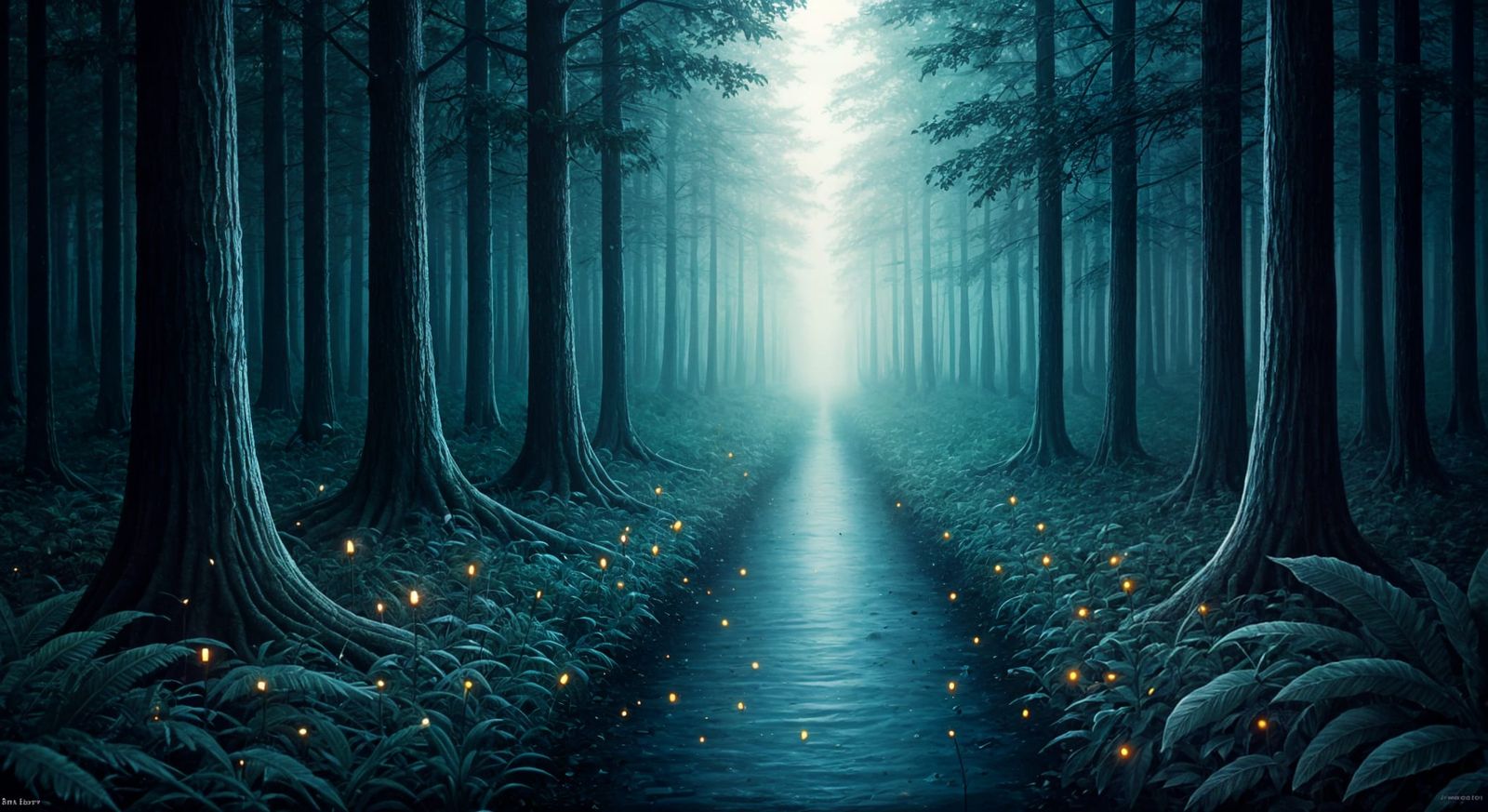 Magical Realism: Fireflies in a Forest at Night