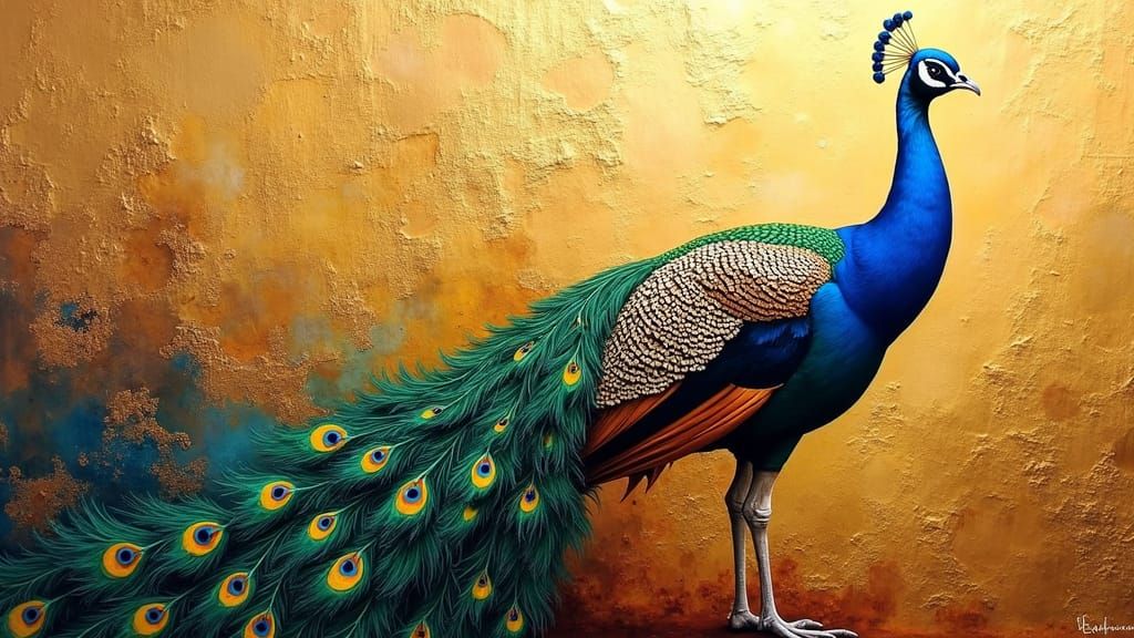 Peacock with Gold Background in Oil Painting Style