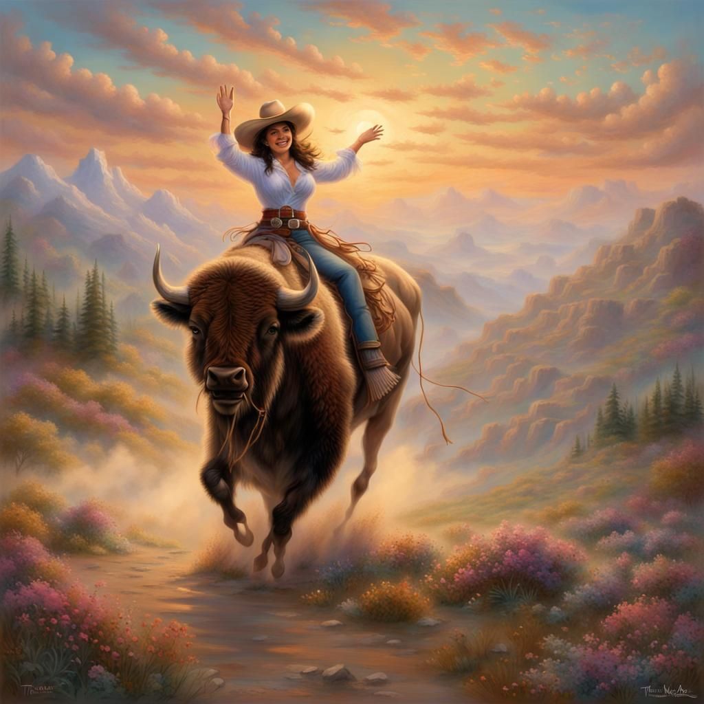 Chicana Cowgirl Rides Bison in Ethereal Fantasy