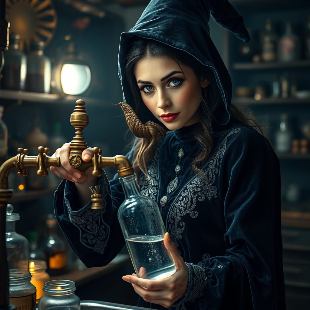 Witch Fills Potion Bottle in Alchemist Workshop