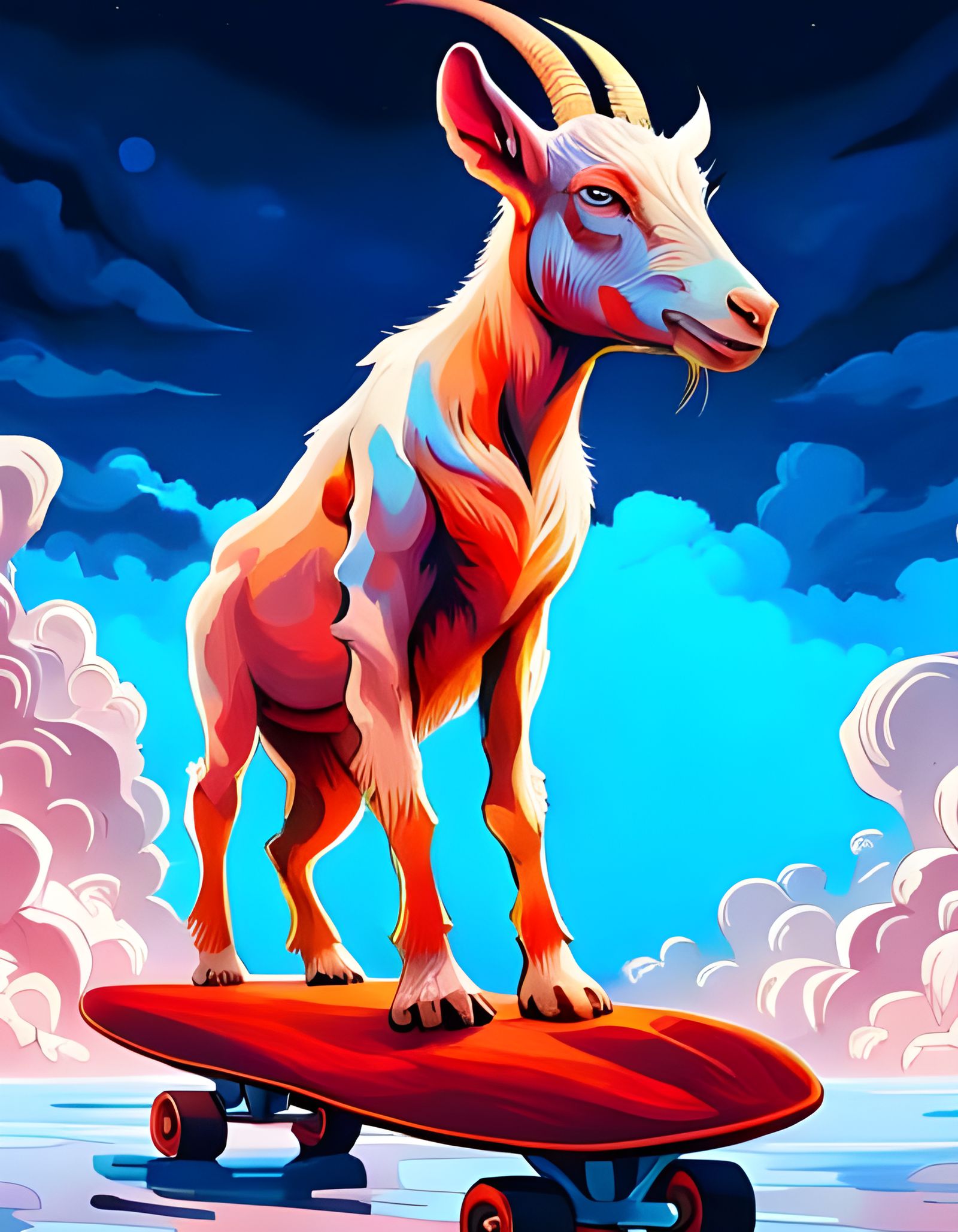 Goat on Skateboard in Synthwave Style