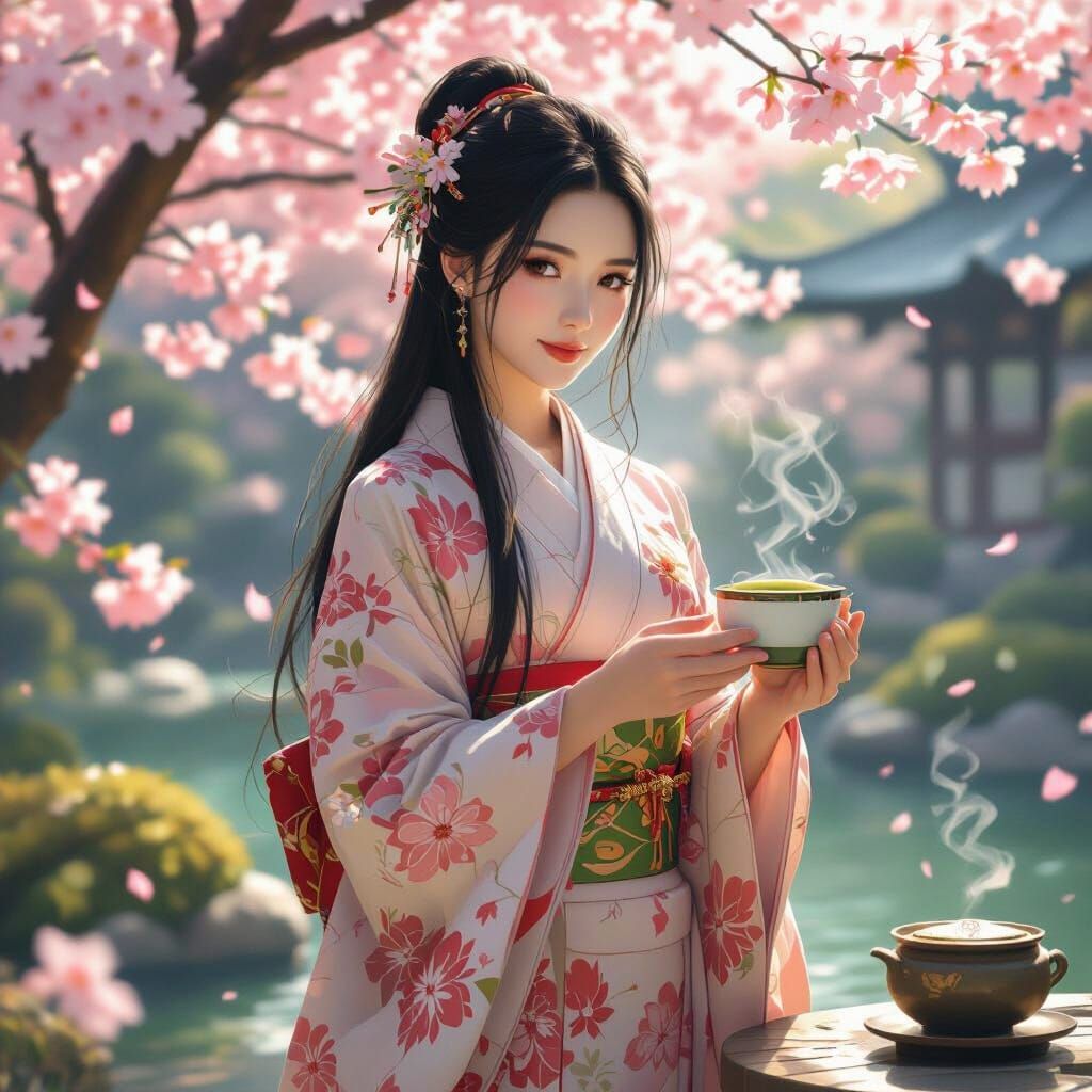 Japanese Woman in Tea Garden: Art Nouveau Style