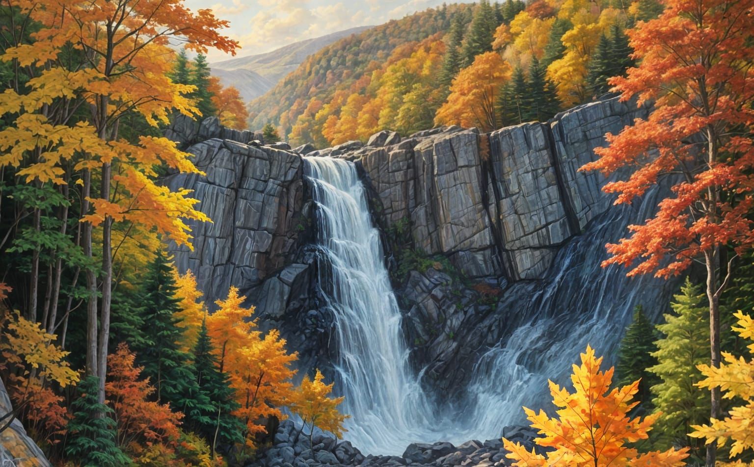 Vibrant Autumn Waterfall Overlook Oil Painting