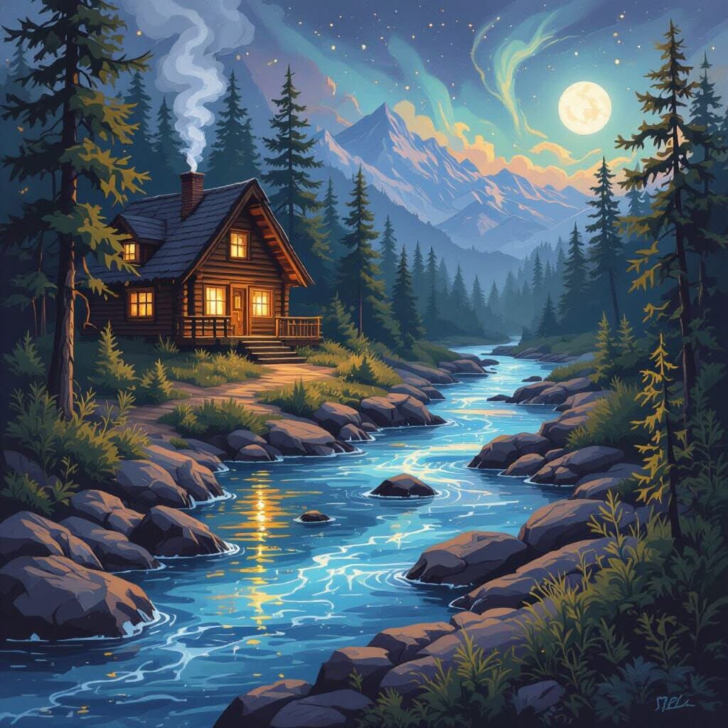 Electrified River Landscape in Alcohol-Ink Style