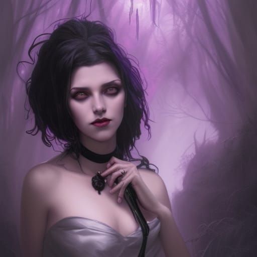 80s dark fantasy with gothic witch with black hair and green eyes& black dress& gothic purple crystal Staff& ethereal vi...