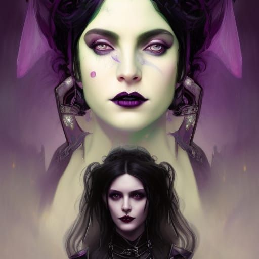 80s dark fantasy with gothic witch with black hair and green eyes& black dress& gothic purple crystal Staff& ethereal vi...