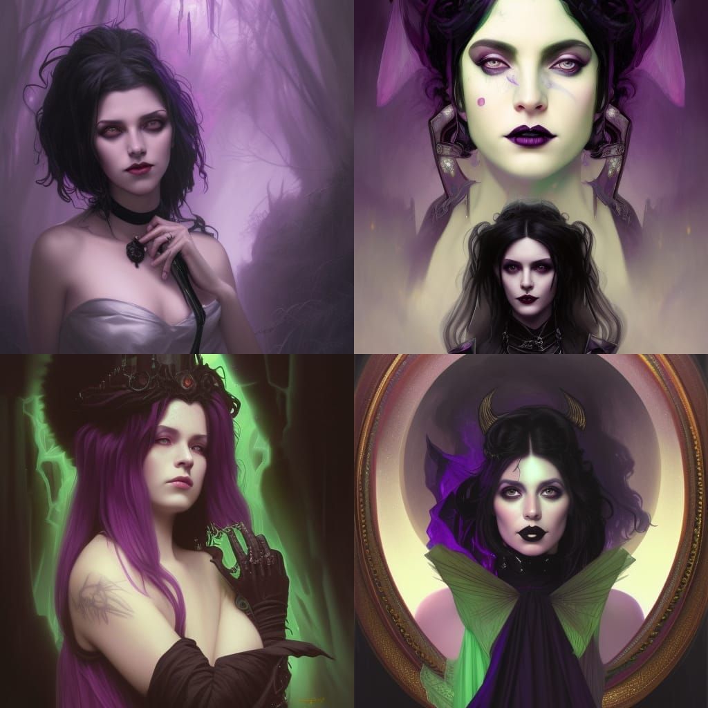 80s dark fantasy with gothic witch with black hair and green eyes& black dress& gothic purple crystal Staff& ethereal vi...
