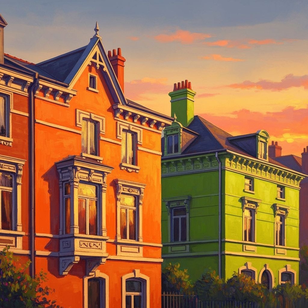 Impressionistic Sunset Houses in Orange and Green