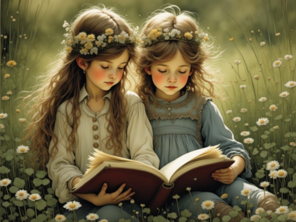 Two Friends Laugh and Read Together in a Lush Green Meadow