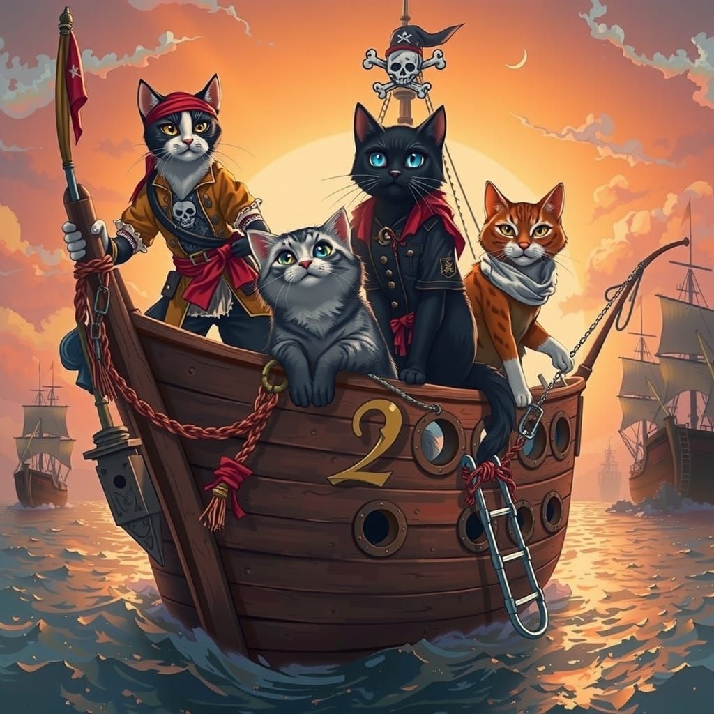 Cat Pirates on Ship at Sunset in Anime Style