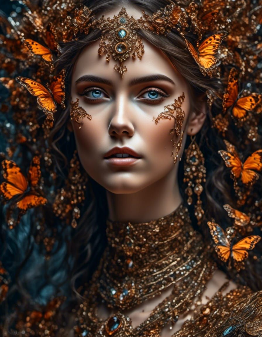 <lora:Mirage:1.0> <lora:Mystic Detail Faces:1.0> A young woman with brown skin and short goat horns. She has a gold spot...