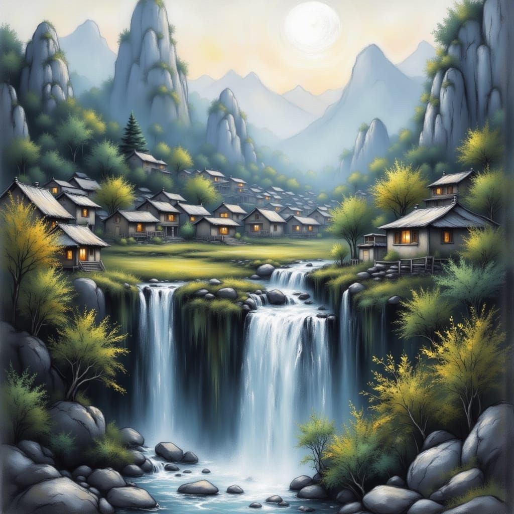 Guizhou Water Village with Karst Mountains, Chalk Art