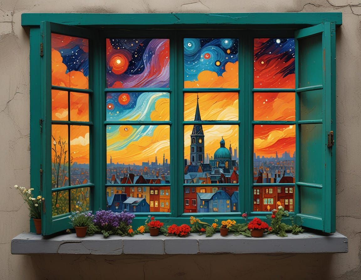 Cosmic Cityscape Through Antique Window