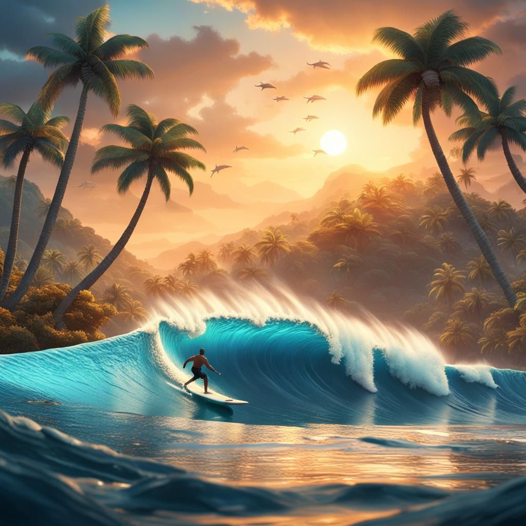 Surfer Rides Wave with Dolphins at Sunset