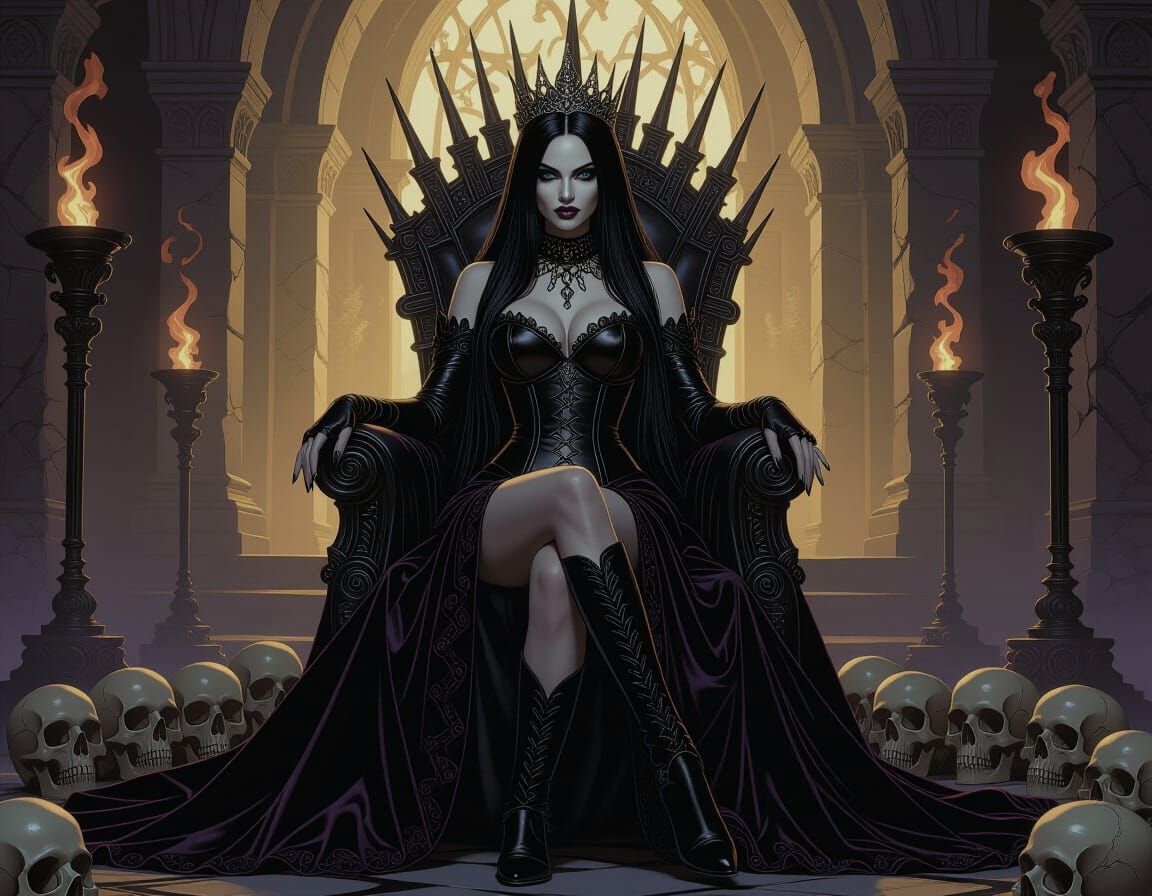 Goth Queen on Skull Throne in Dark Fantasy Style