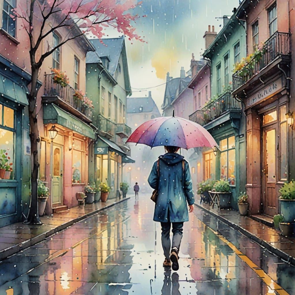 Whimsical Watercolor of Kirby in the Rain