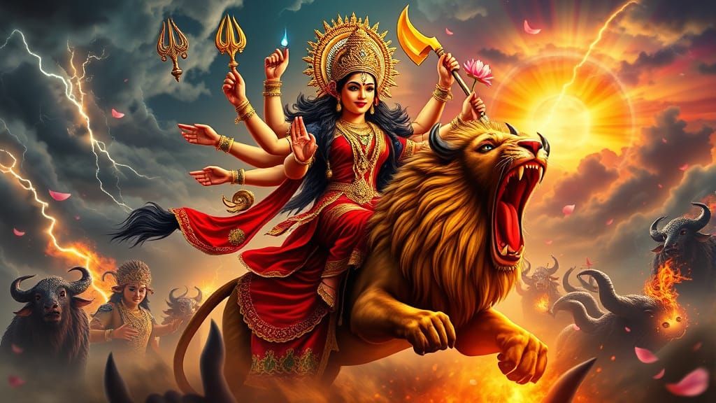 Divine Goddess Durga in Epic Mahishasura Mardini Form, Radia...