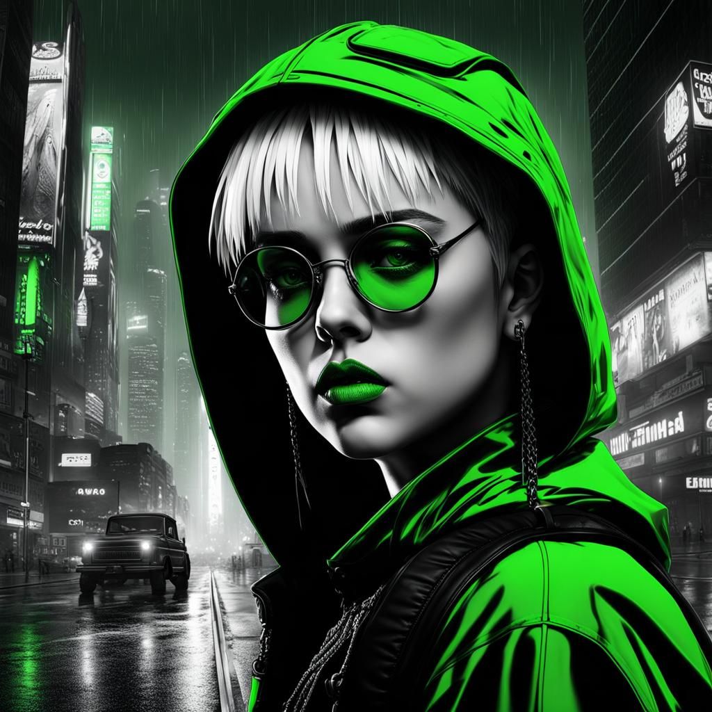 Billie Eilish Punk Portrait in Selective Green