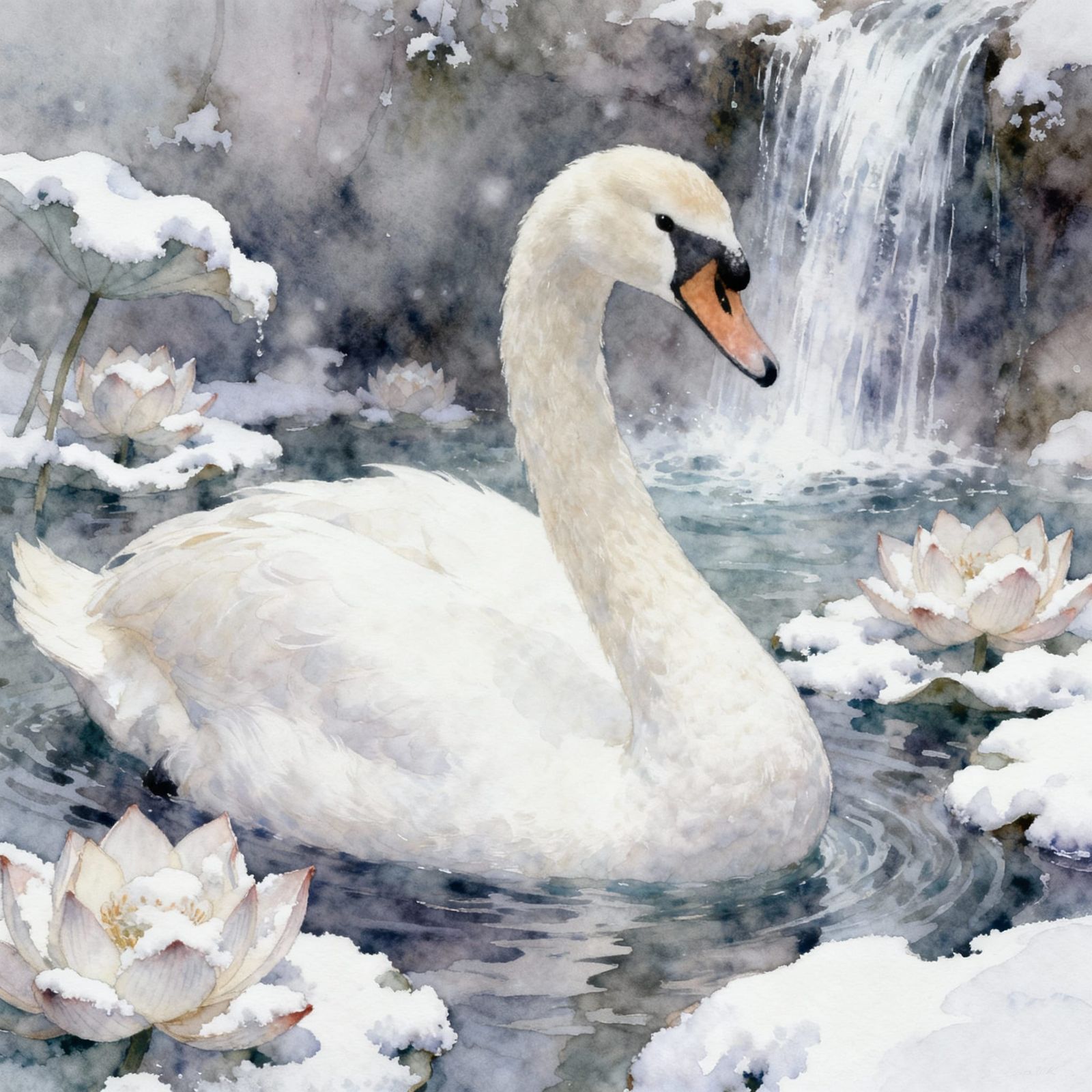 White Swan in Muted Isolation Dreamscape Watercolour
