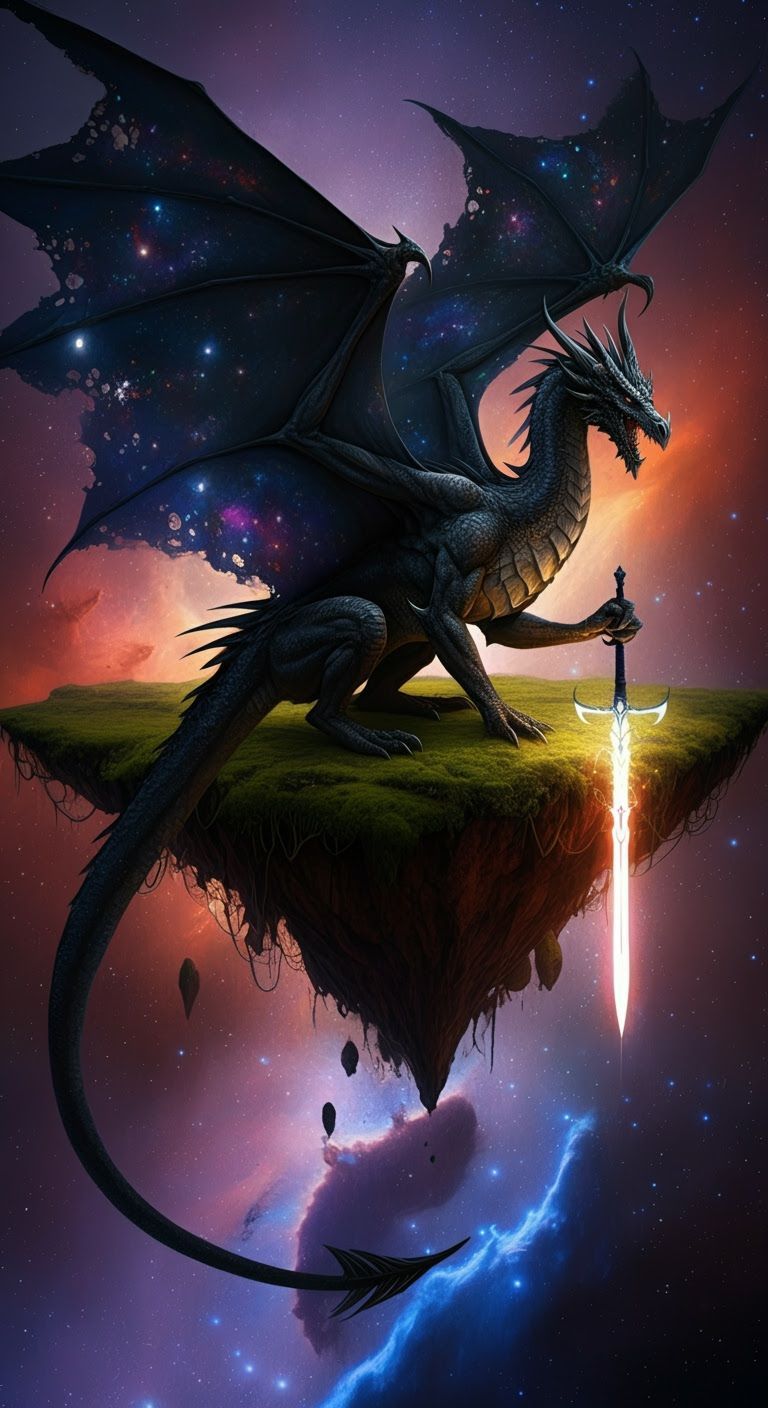 Cosmic Dragon on Floating Island with Ethereal Sword