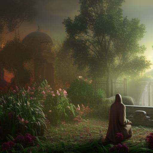 Jesus Christ Praying in Garden at Night