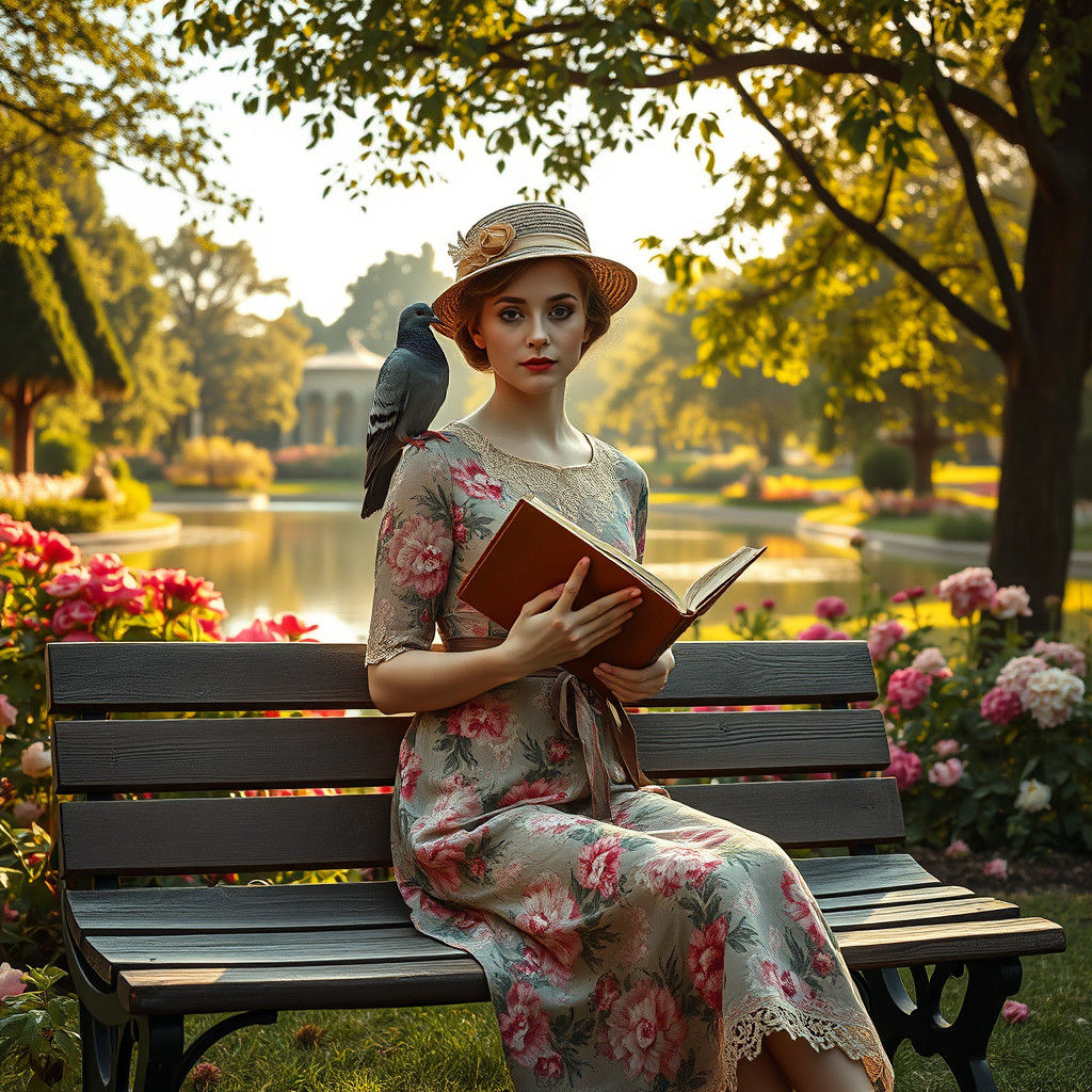 Elegant Woman with Pigeon in Lush 1960s Park