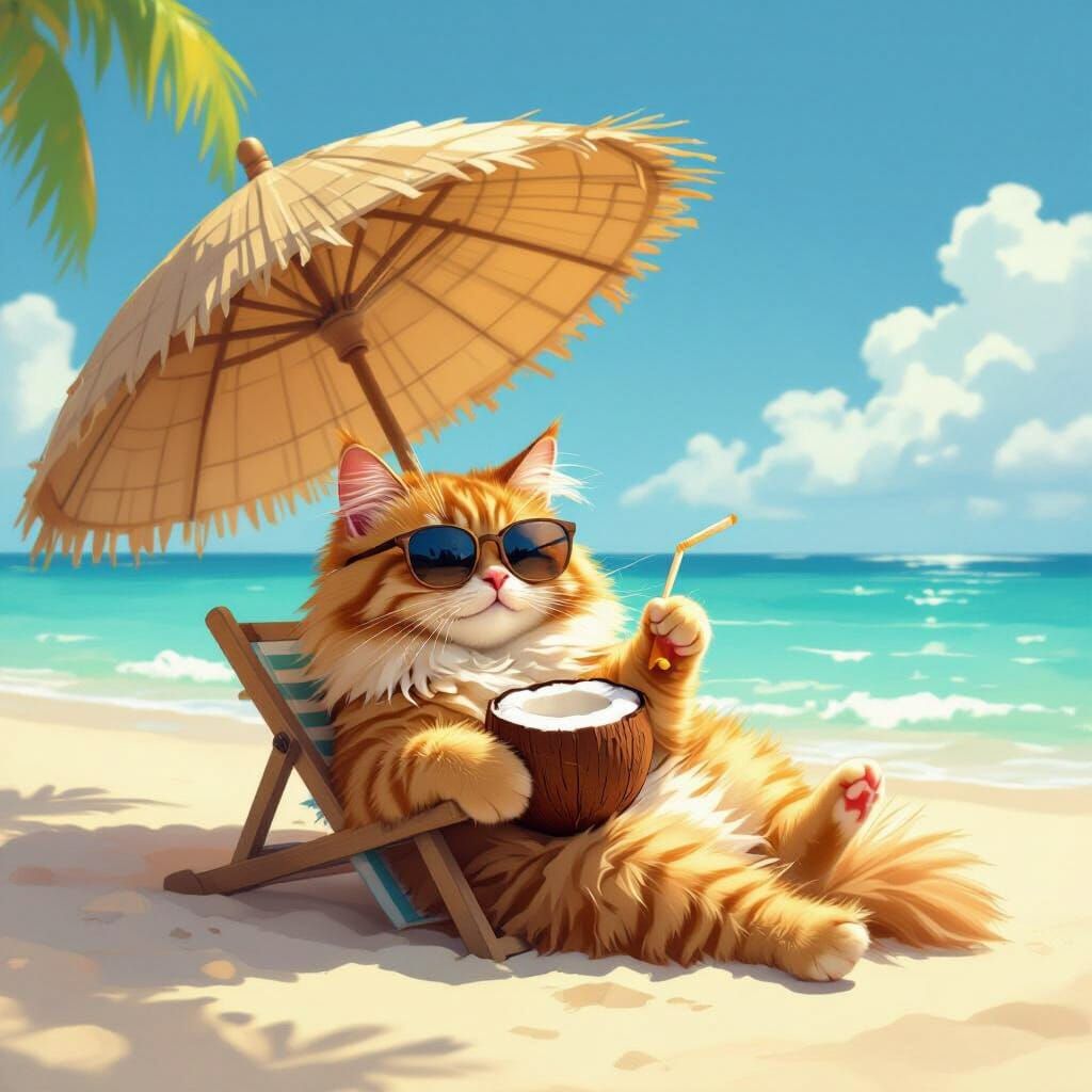 Ginger Cat Enjoys Beach Vacation with Coconut Drink