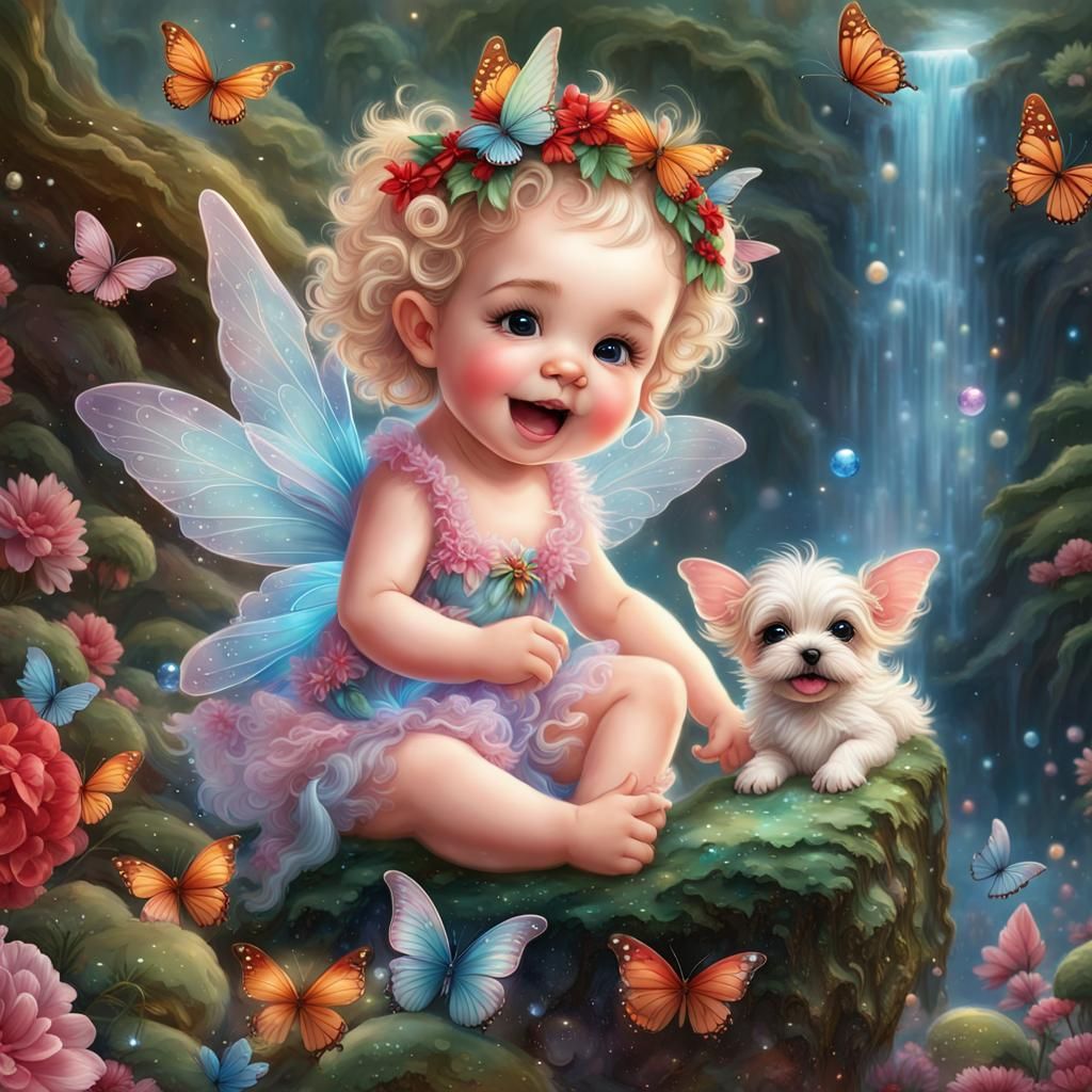 Baby Fairy with Puppies in Candyland Garden