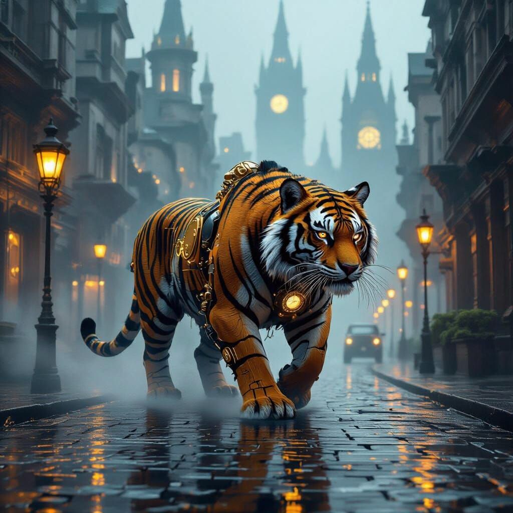 Cyberpunk Tiger Prowls Victorian Metropolis