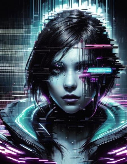 Glitched Cyberpunk Portrait in Dark Neon Lighting