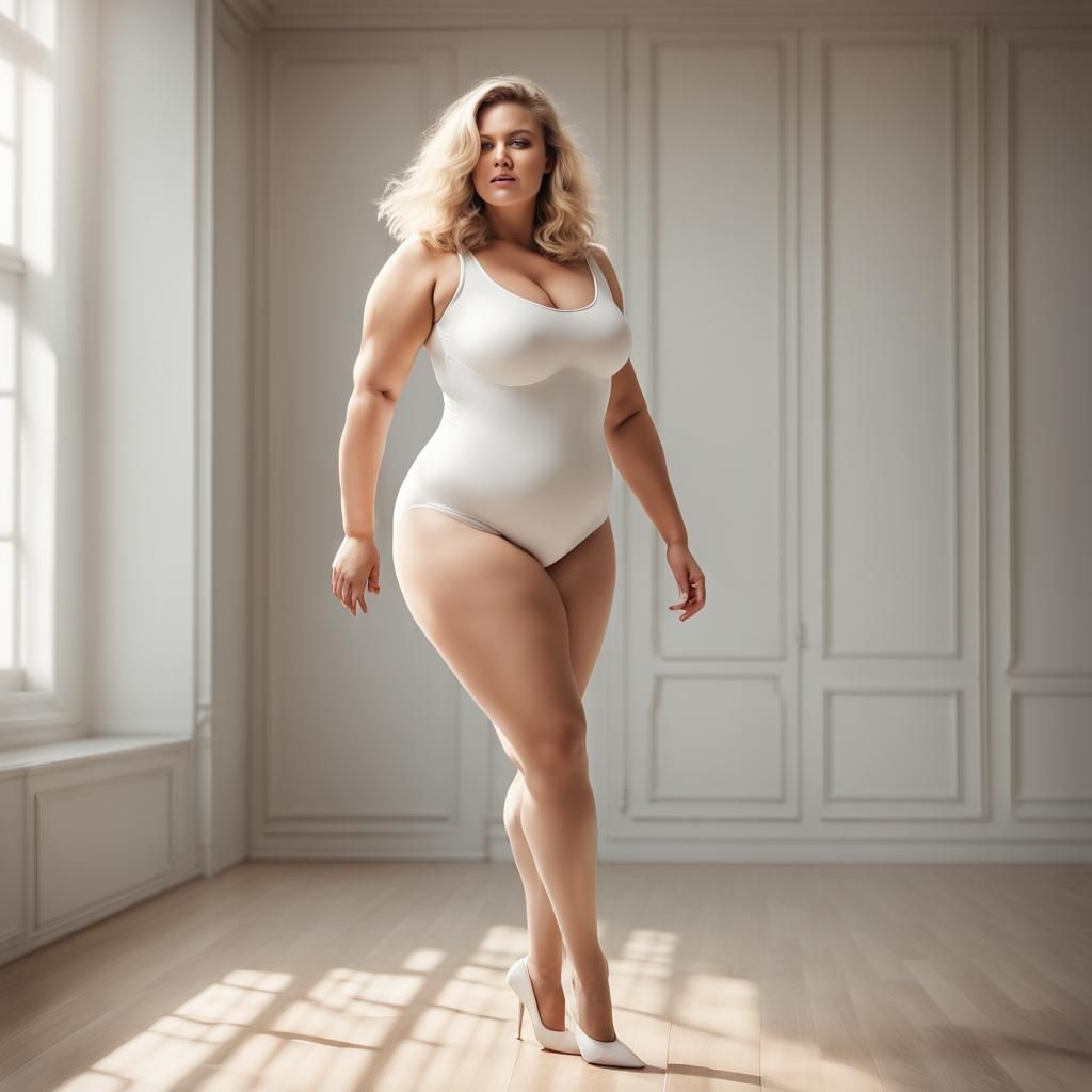 Curvy Woman in Leotard and Pantyhose, Fashion Photo