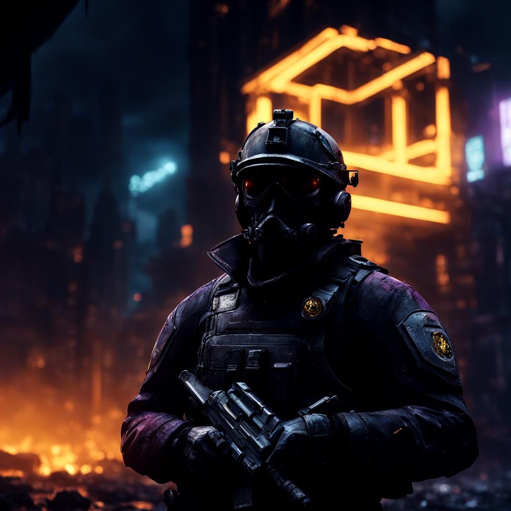 Futuristic Police in Haunted City, Dark Fantasy Art