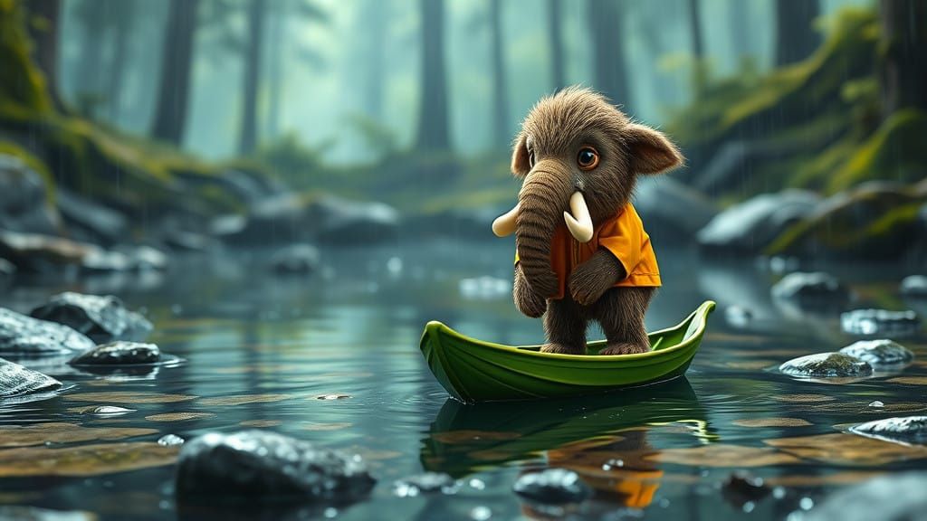 Cute, Fluffy Woolly Mammoth in a Rainy Forest Boat