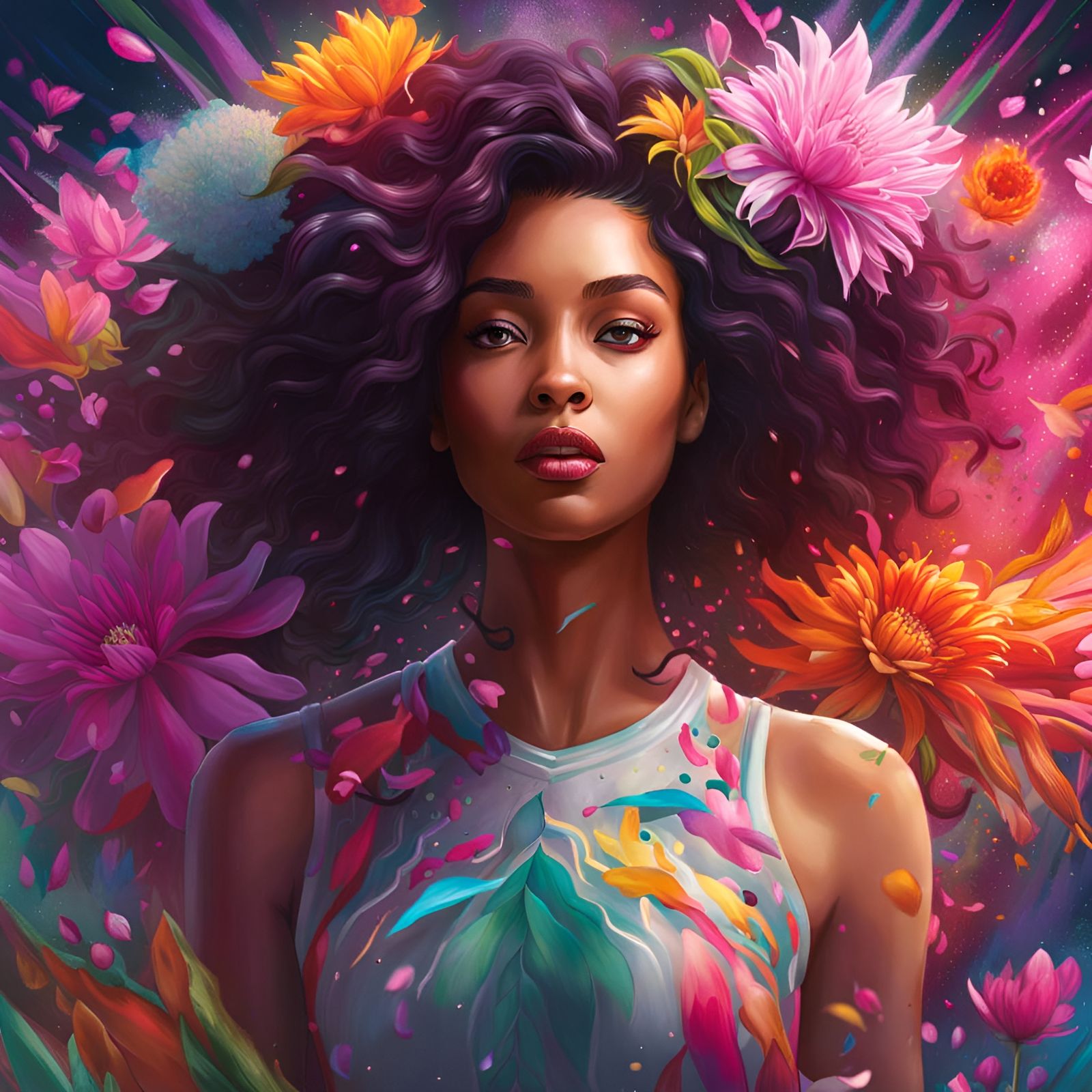 Ethereal Biracial Woman with Cleome Flowers