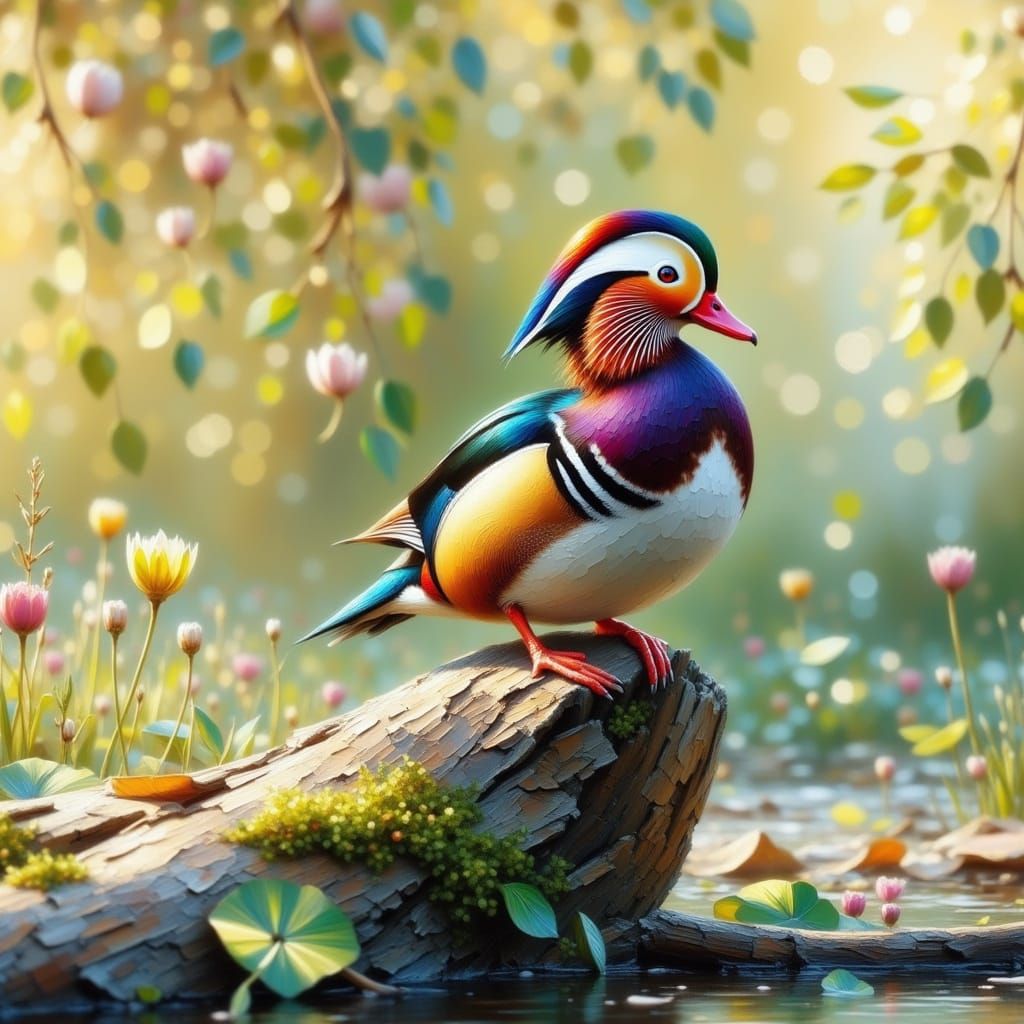 Majestic Mandarin Duck in Watercolor Oil Style