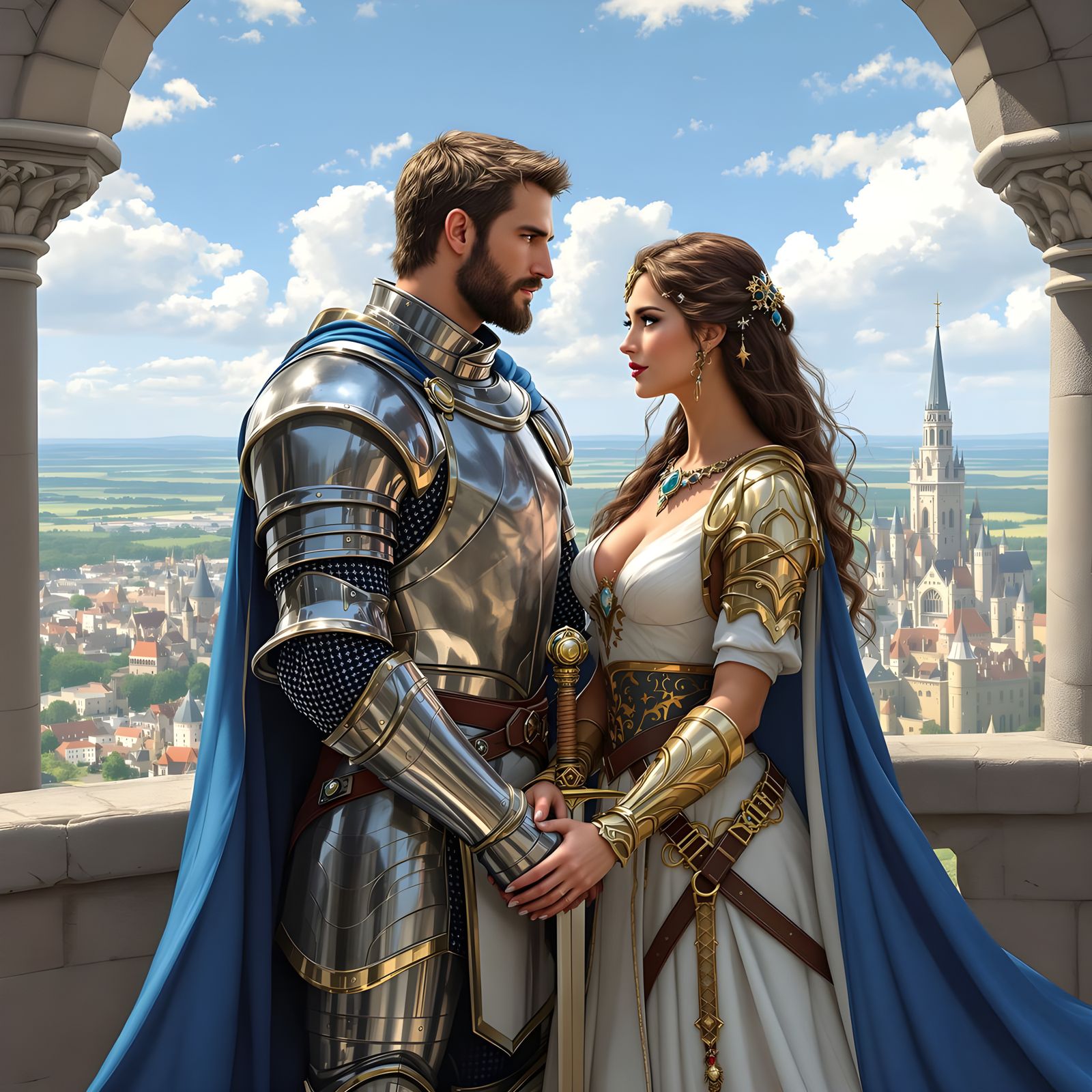 Knight and Warrior Queen on Castle Balcony