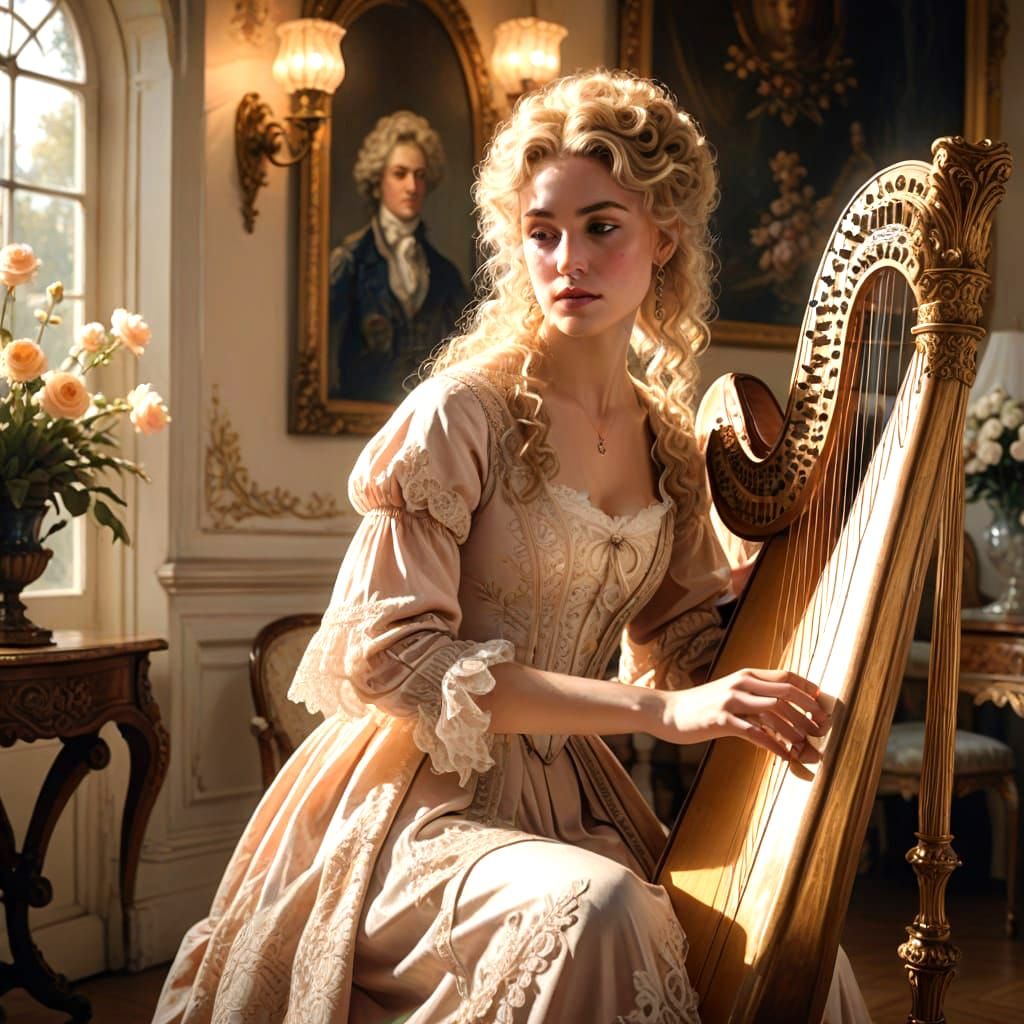 Regency Era Woman Sings at Ornate Harp