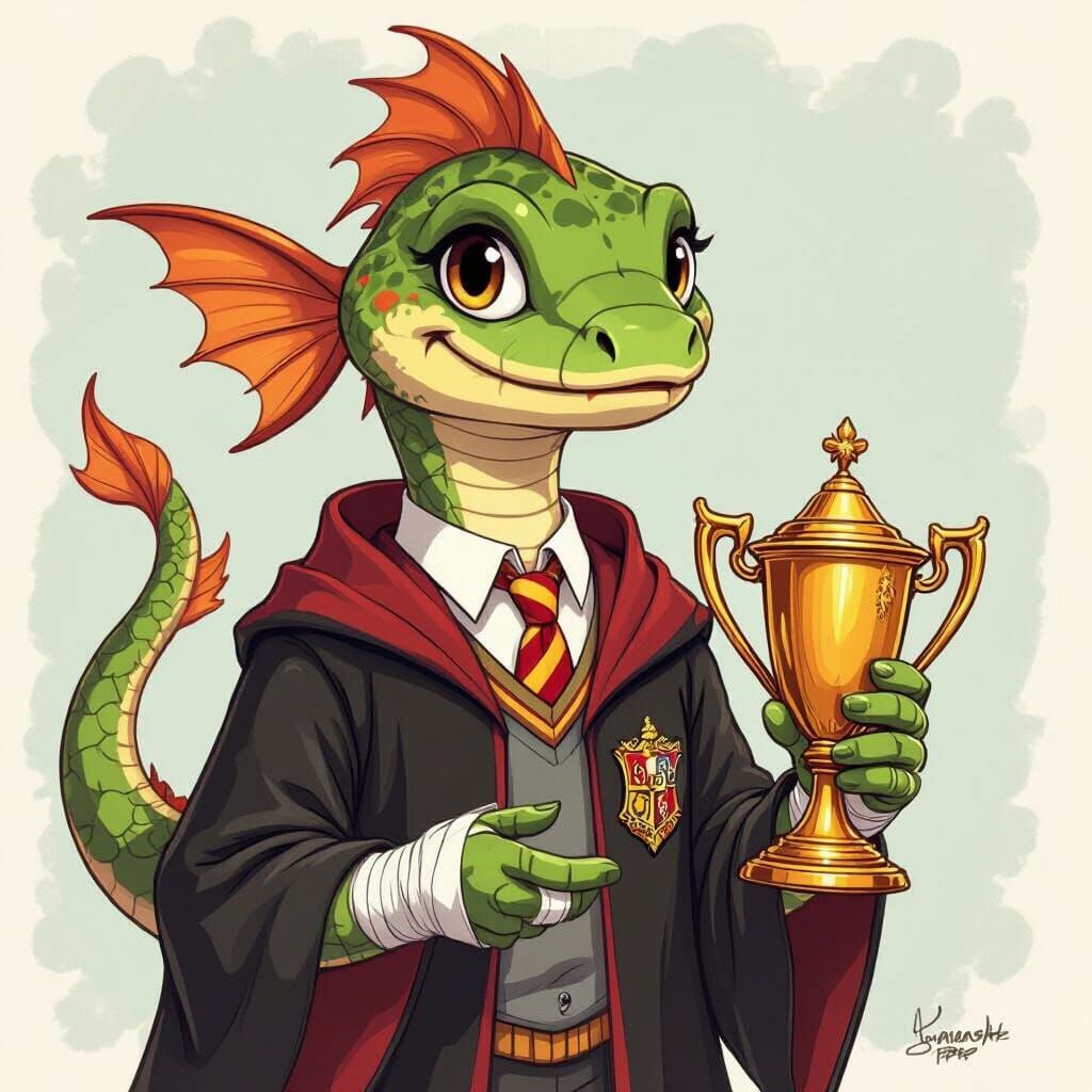 Snake-Fish Humanoid Celebrates at Hogwarts in Whimsical Styl...