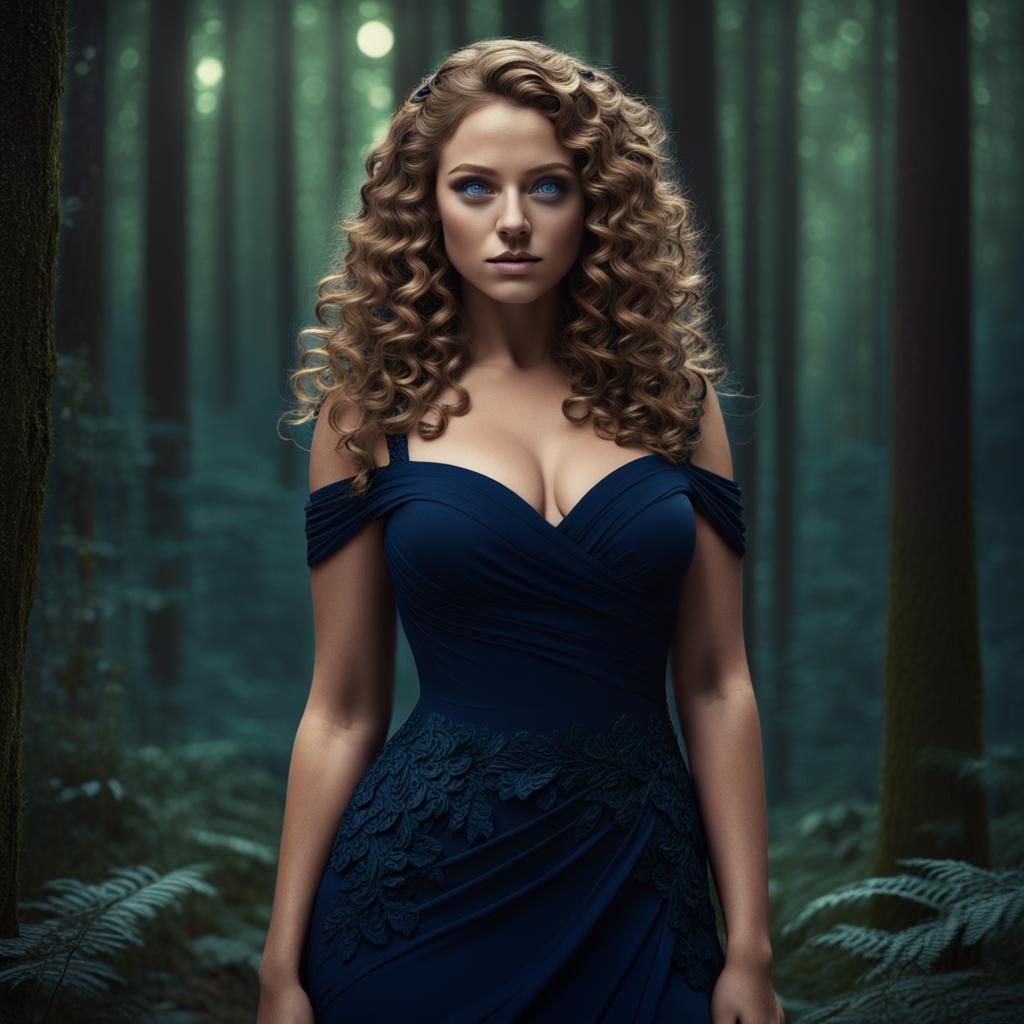 Beautiful Girl in Forest at Midnight, Fantasy Art