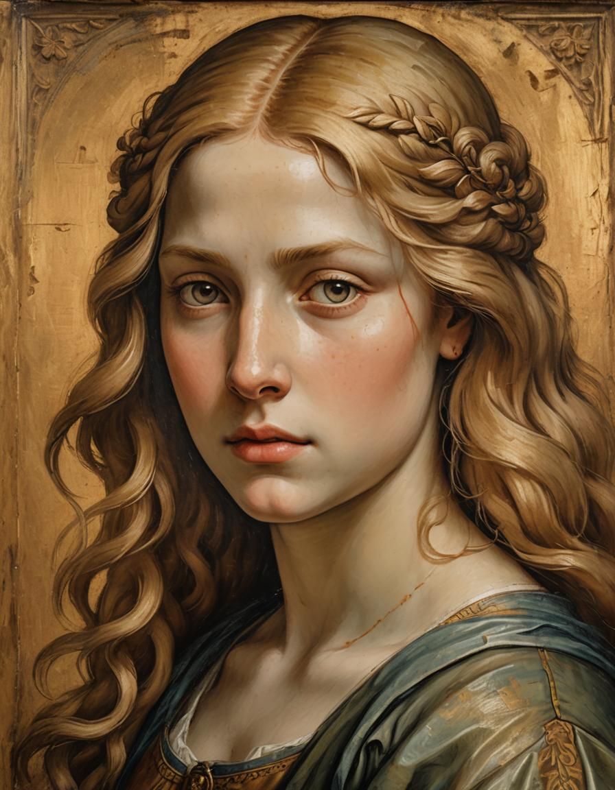Golden-Haired Girl in Renaissance Oil Painting Style