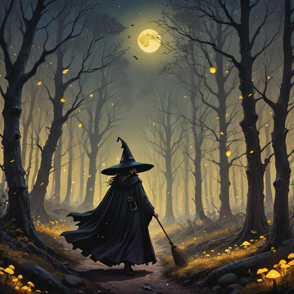 Witch in Forest Under Moonlight: Dark Fantasy Art