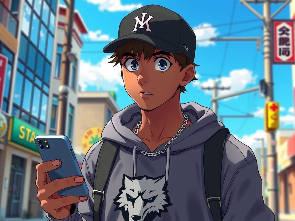 Anime-Style Young Man with Wolf Logo in City