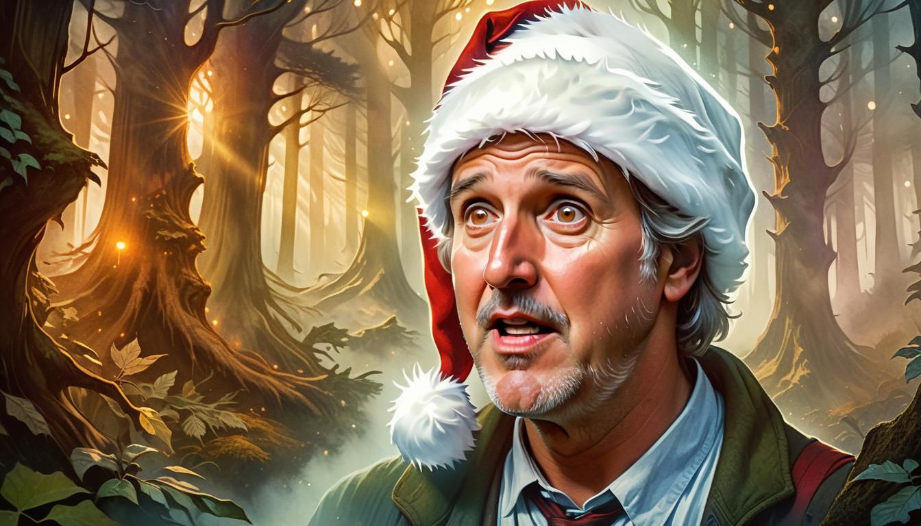 Chevy Chase wearing a Santa hat making a goofy face. Dark fantasy concept art trending on ArtStation Unreal Engine 5, by...
