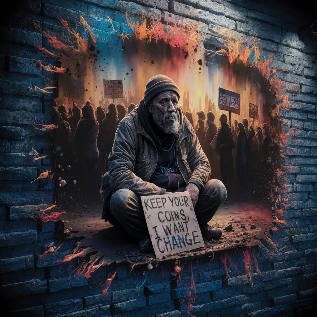 Homelessness Protest Graffiti Art in Hyperrealistic Style